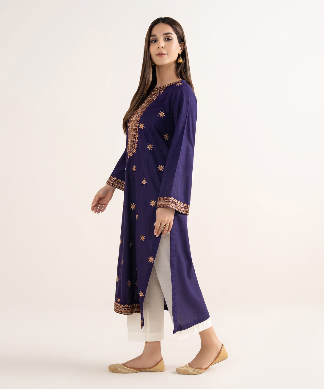Women's RTW Textured Cotton Purple Embroidered A-Line Shirt
