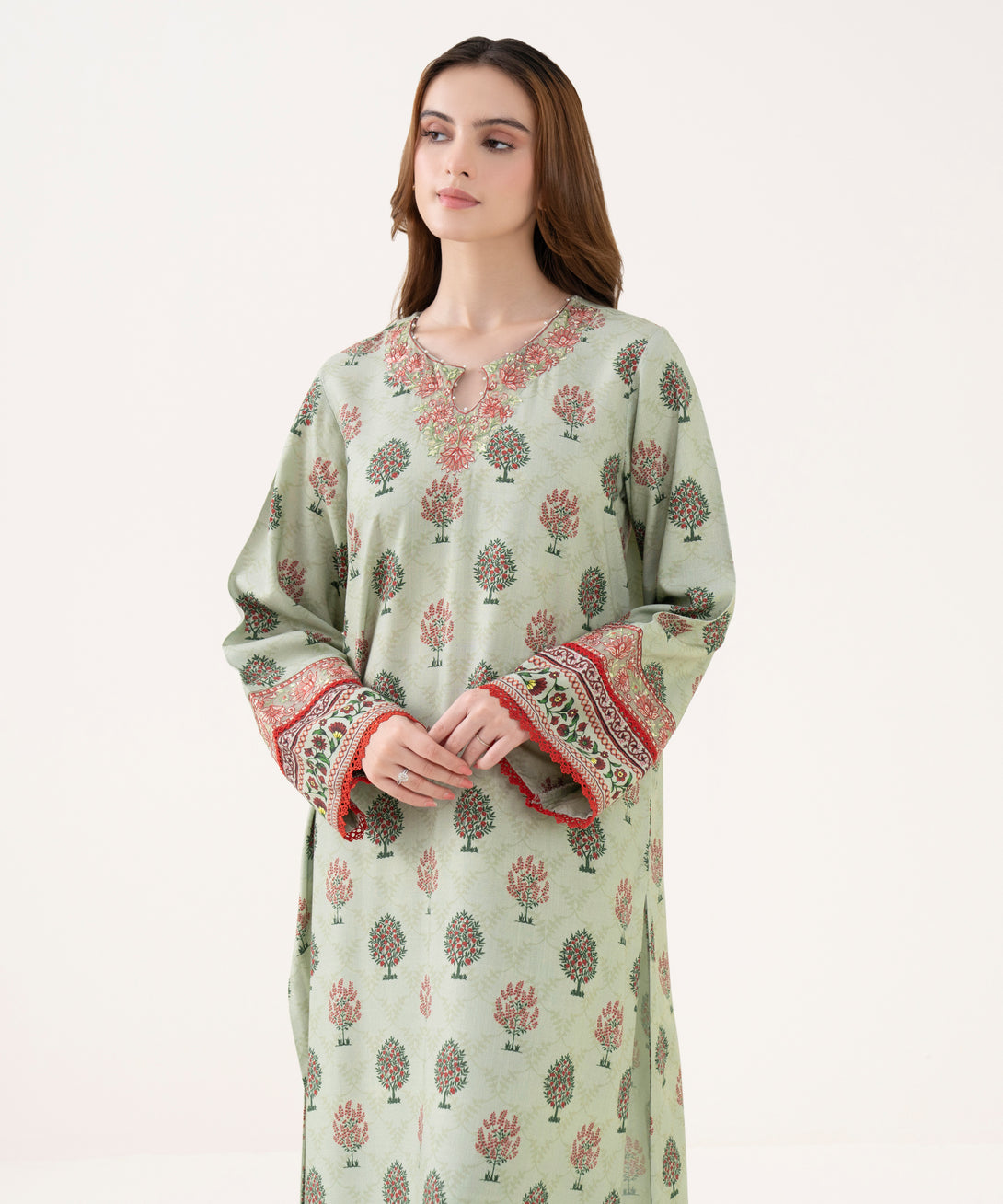 Women's RTW Cotton Viscose Embroidered Straight Grey Shirt