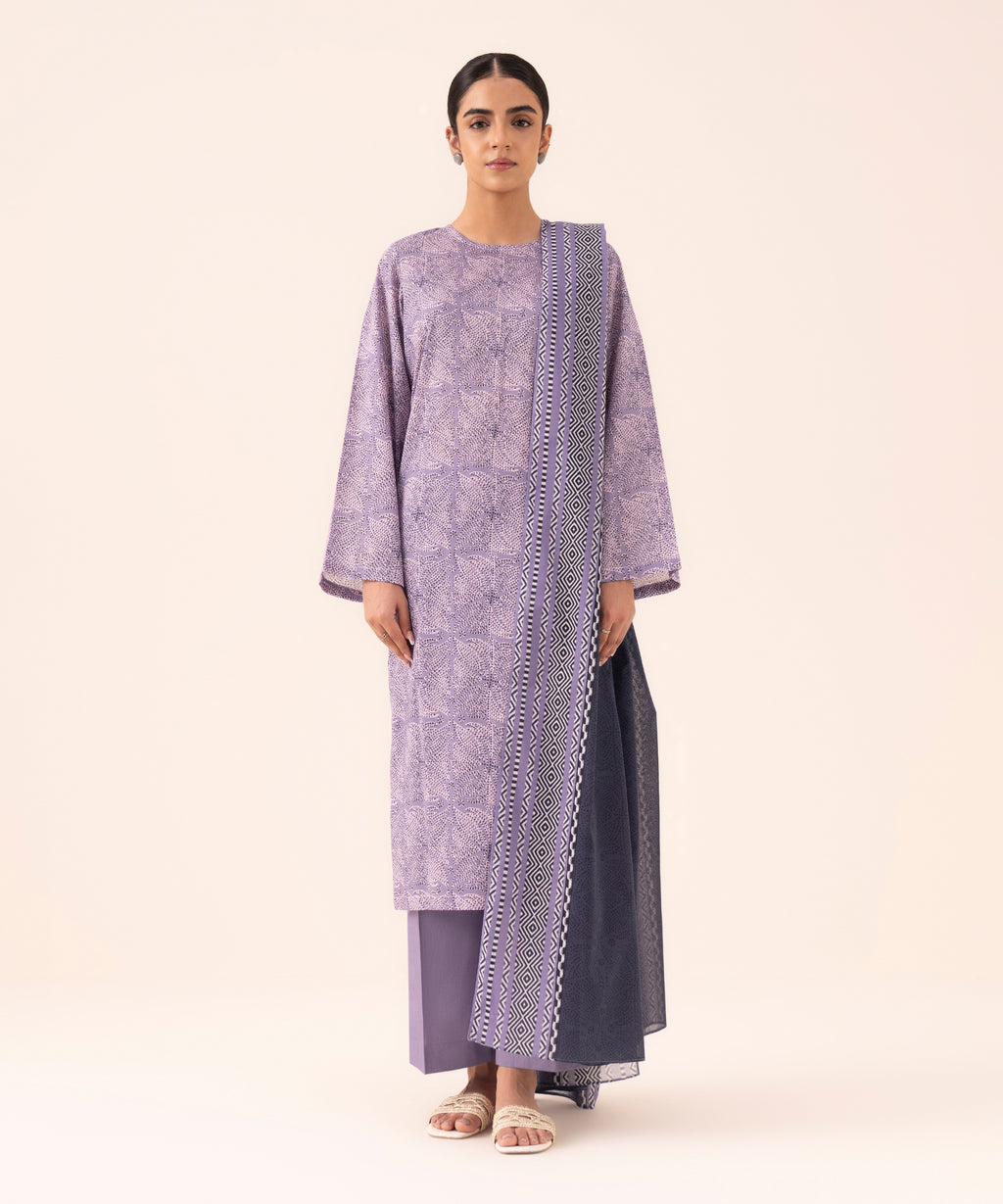 Women's Unstitched Cotton Printed Purple Three Piece Suit