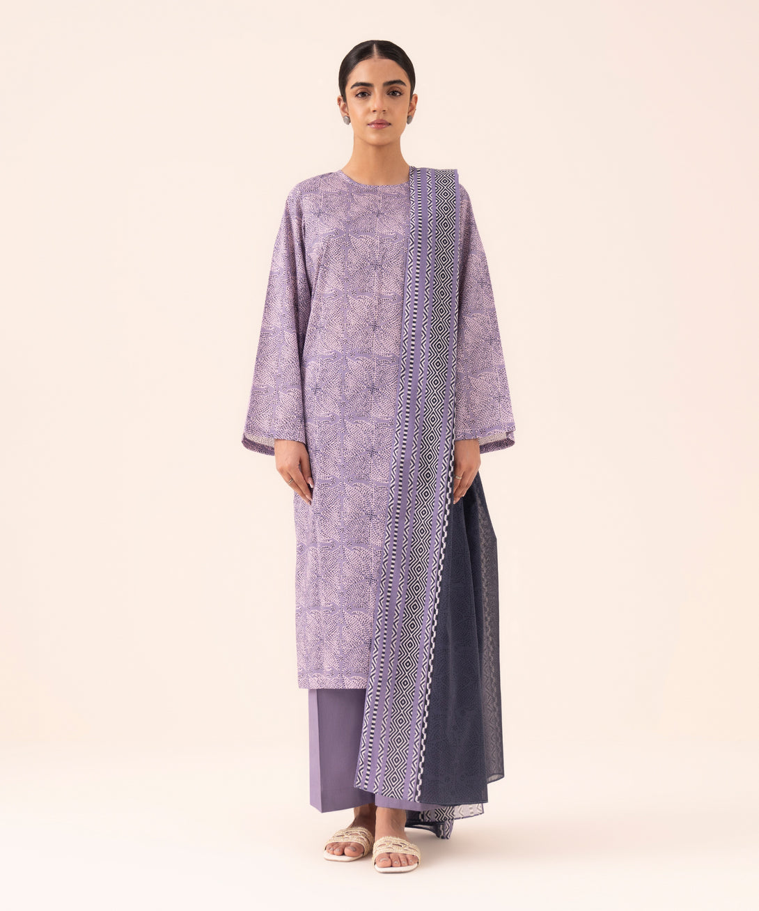 Women's Unstitched Cotton Printed Purple Three Piece Suit