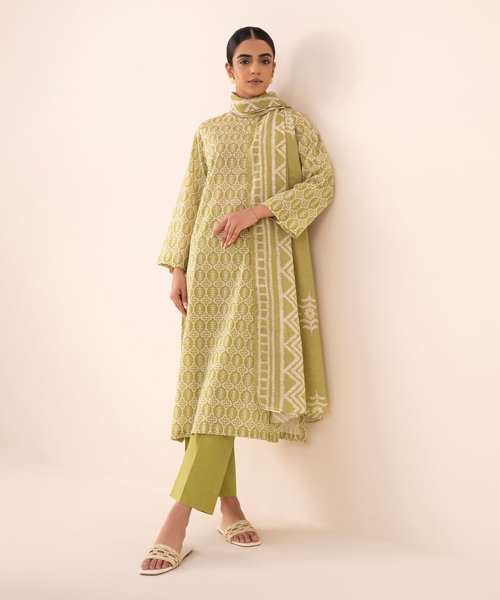 Women's Unstitched Cotton Printed Green Three Piece Suit