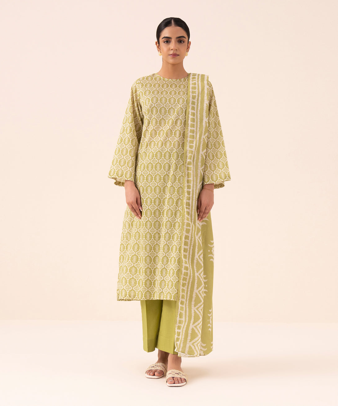 Women's Unstitched Cotton Printed Green Three Piece Suit