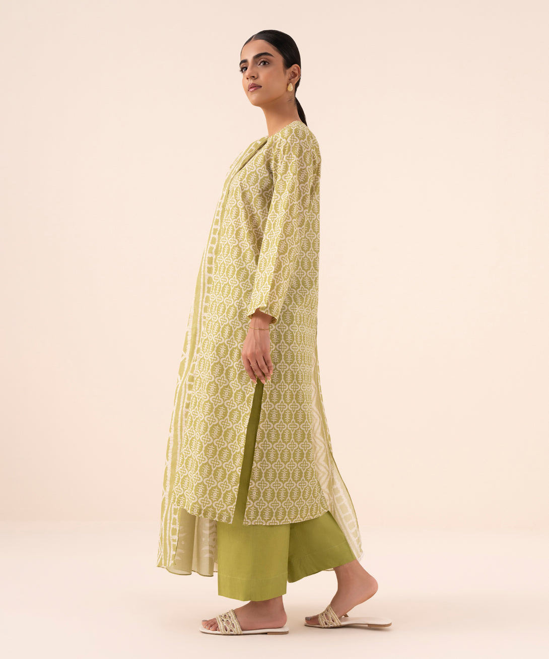 Women's Unstitched Cotton Printed Green Three Piece Suit