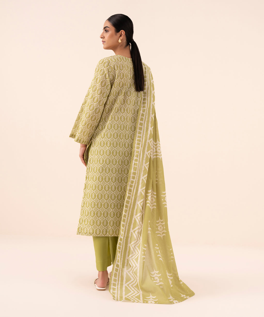 Women's Unstitched Cotton Printed Green Three Piece Suit