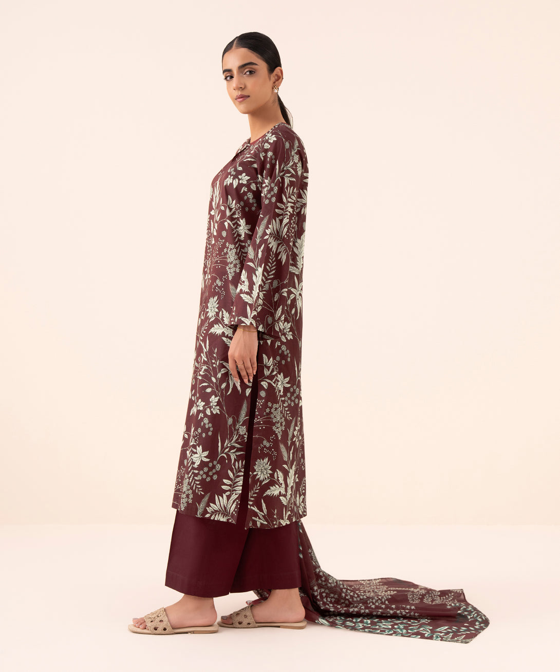 Women's Unstitched Cotton Printed Maroon Three Piece Suit