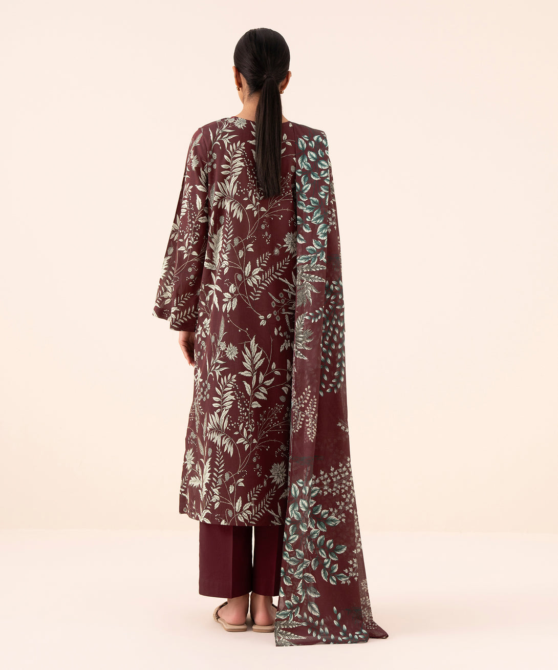 Women's Unstitched Cotton Printed Maroon Three Piece Suit