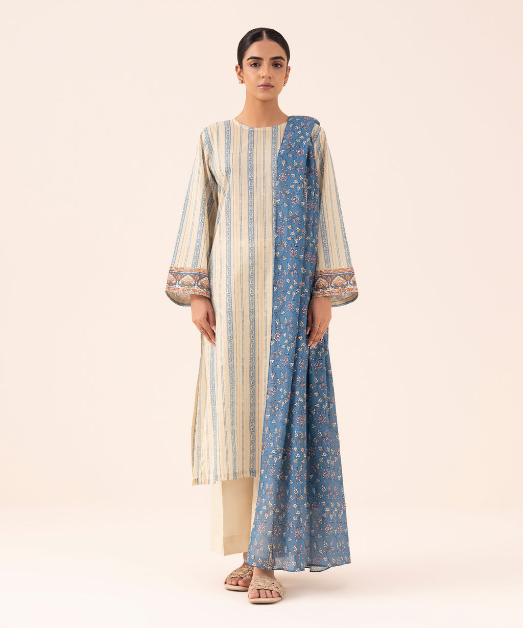Women's Unstitched Cotton Printed Off White Three Piece Suit