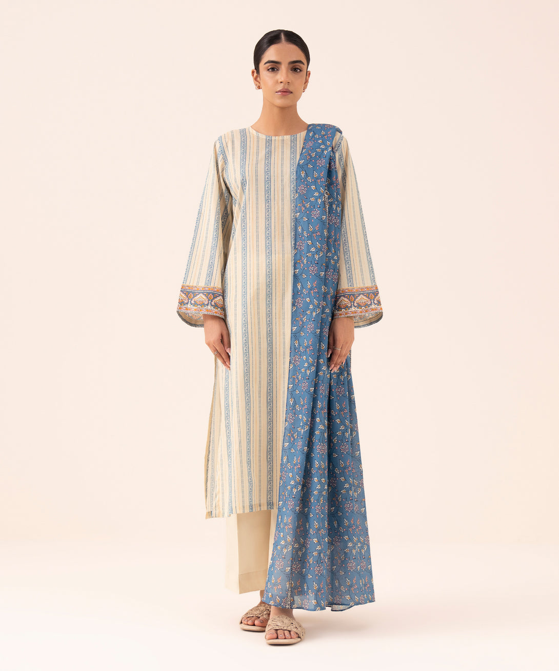 Women's Unstitched Cotton Printed Off White Three Piece Suit