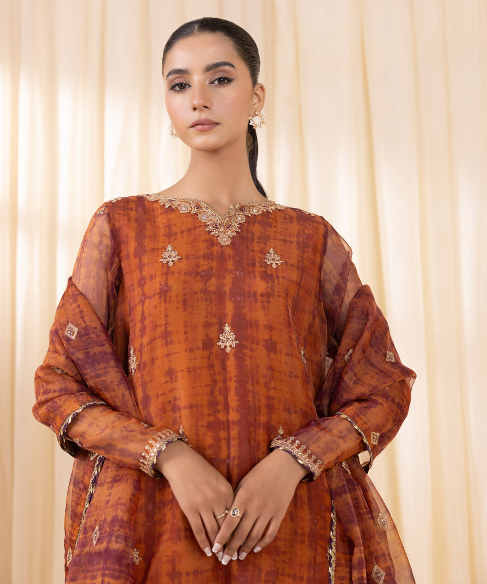 Women's Unstitched Rust Orange Blended Organza Three Piece Suit