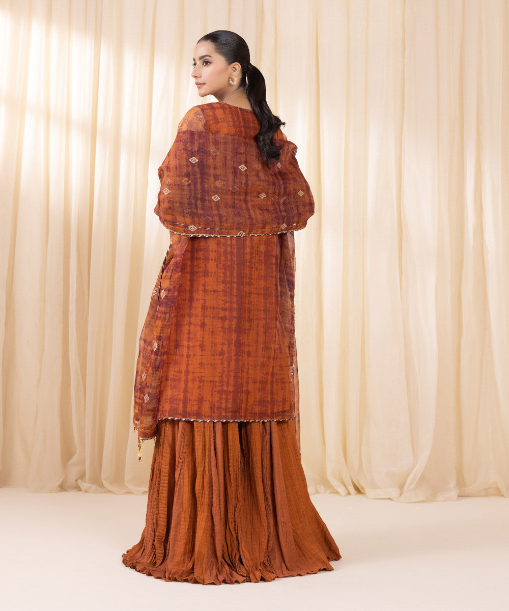 Women's Unstitched Rust Orange Blended Organza Three Piece Suit