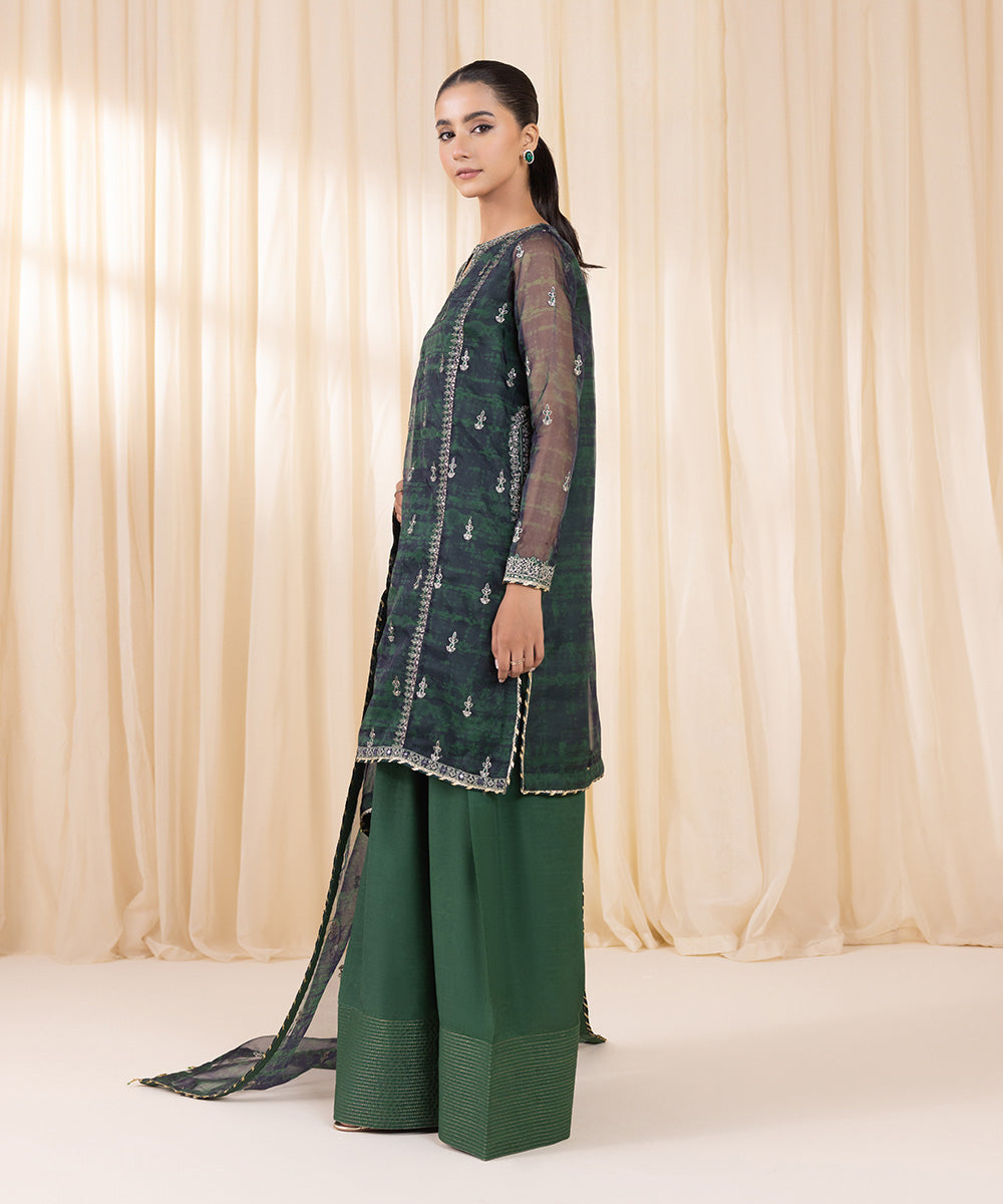 Women's Unstitched Bottle Green Blended Organza Three Piece Suit