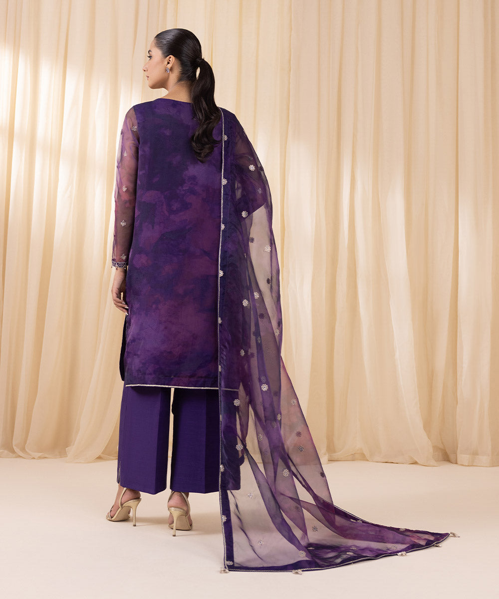 Women's Unstitched Purple Blended Organza Three Piece Suit