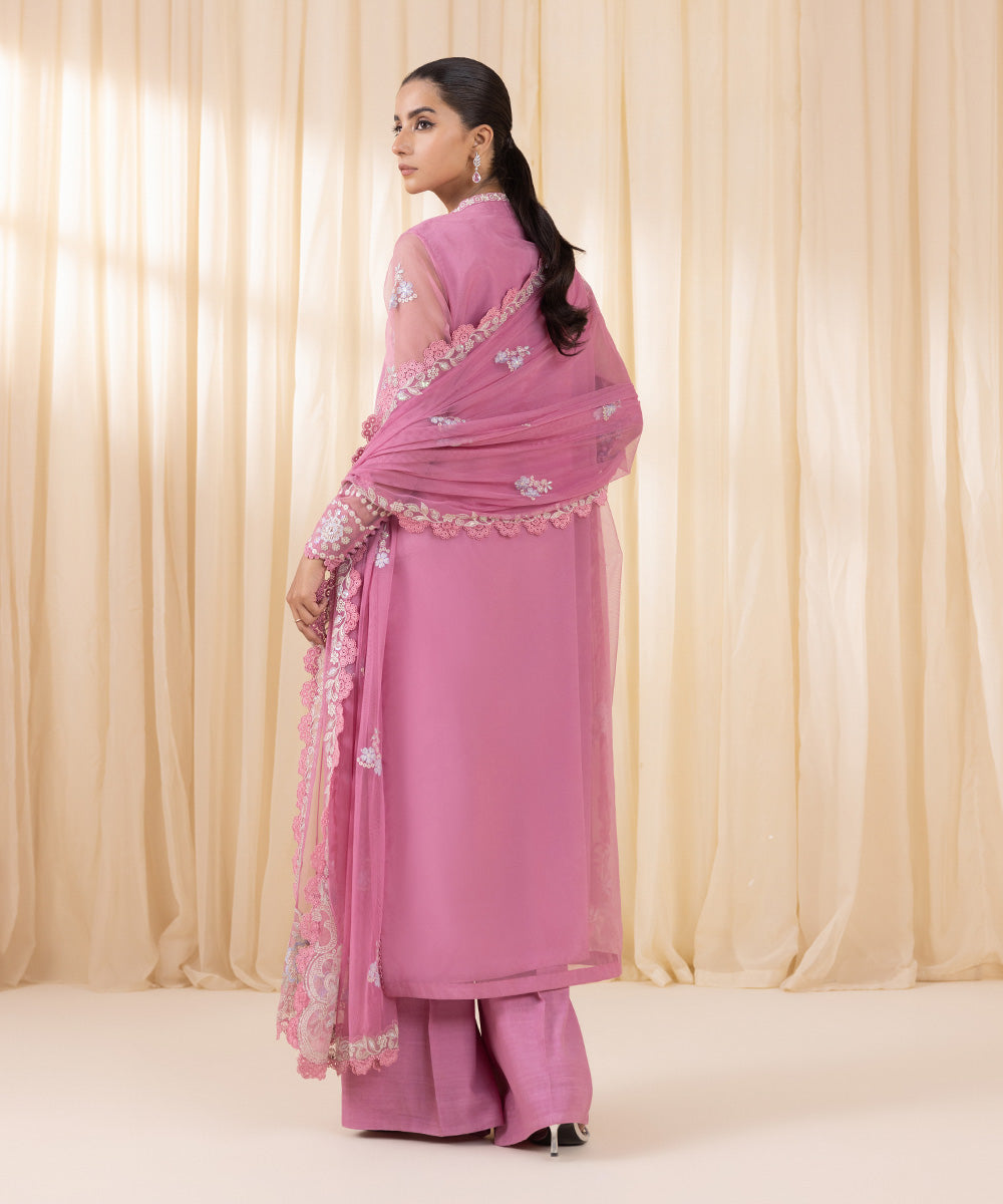 Women's Unstitched Pink Purple Blended Organza Three Piece Suit