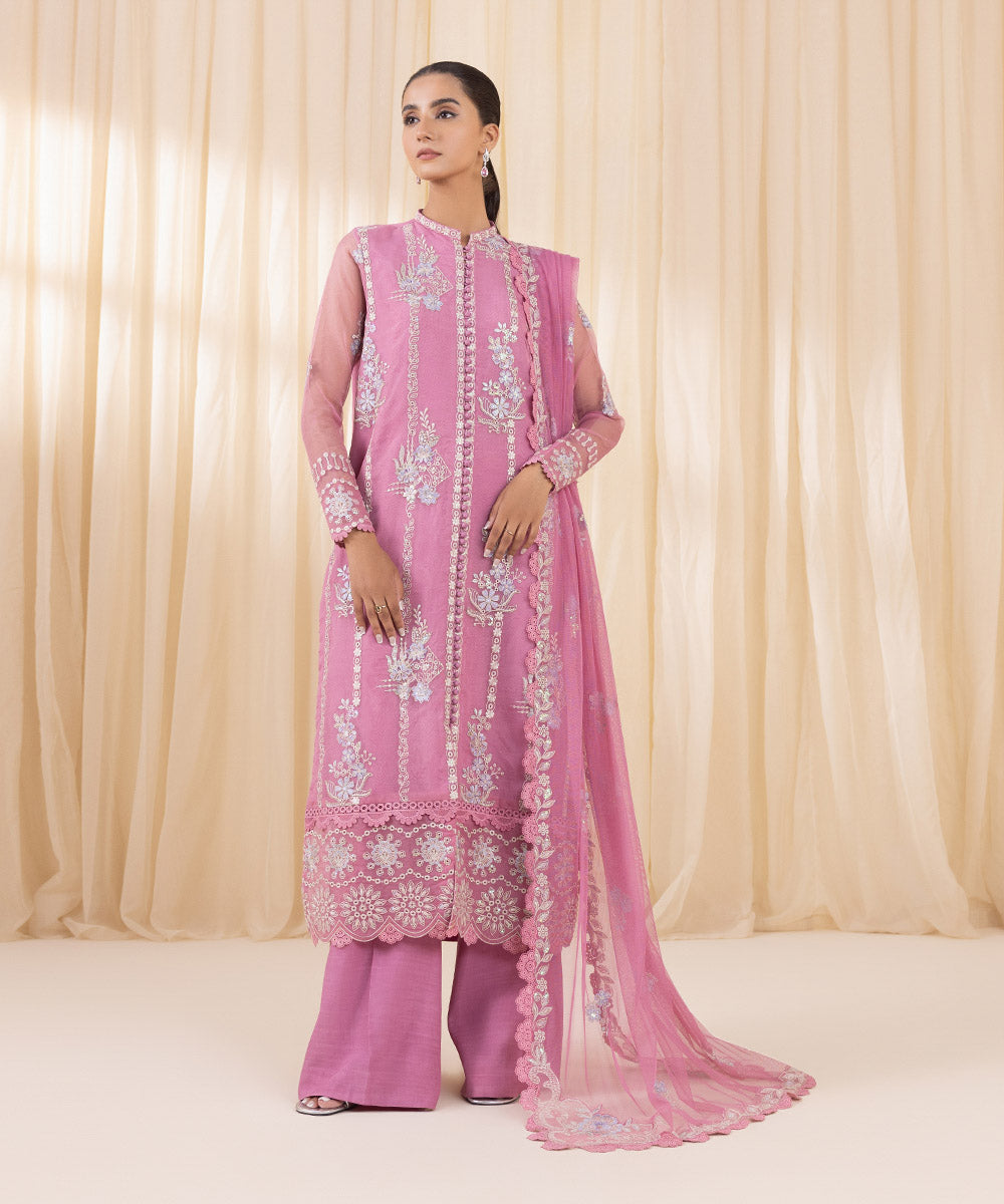 Women's Unstitched Pink Purple Blended Organza Three Piece Suit