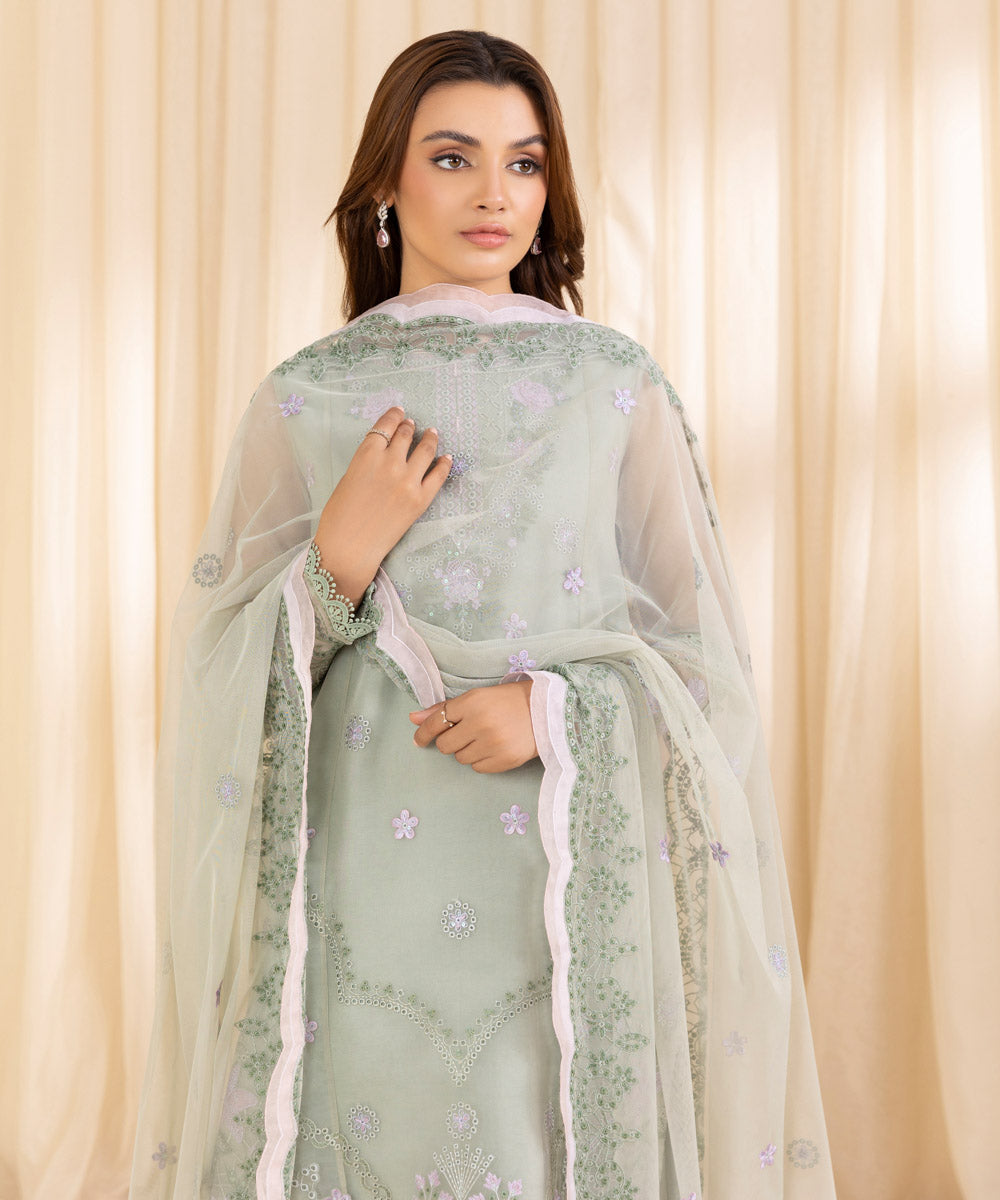 Women's Unstitched Pistachio Green Blended Organza Three Piece Suit