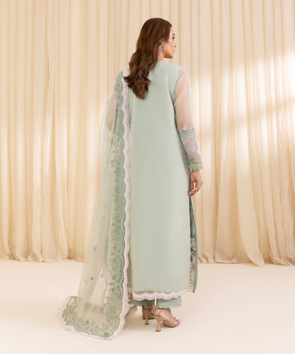 Women's Unstitched Pistachio Green Blended Organza Three Piece Suit