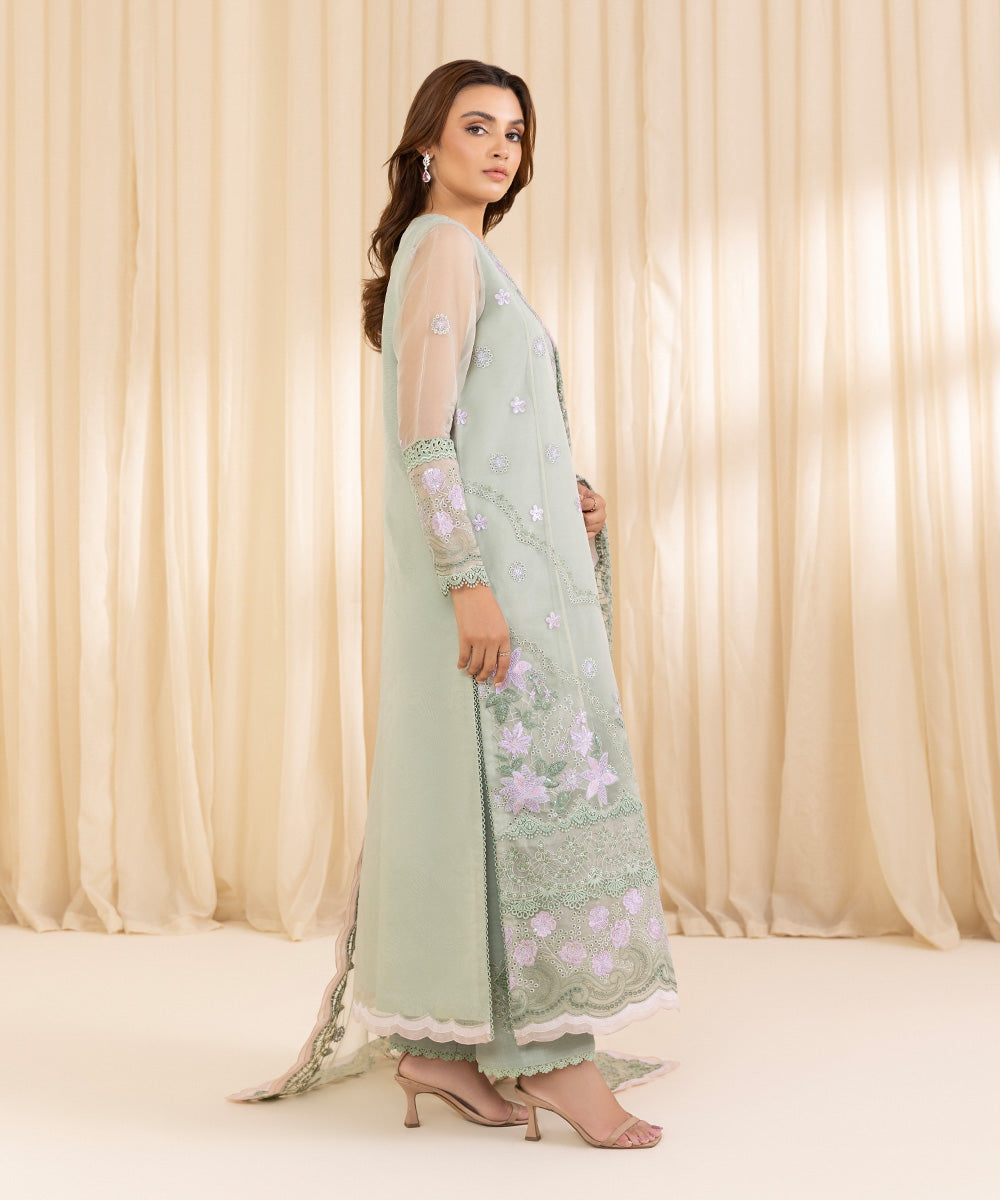 Women's Unstitched Pistachio Green Blended Organza Three Piece Suit