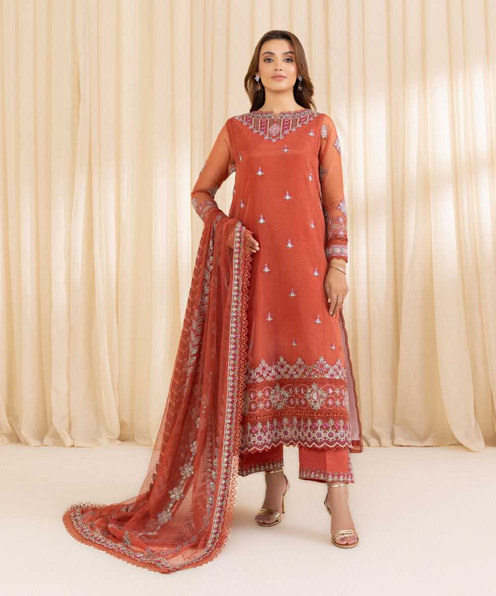 Women's Unstitched Coral Blended Organza Three Piece Suit