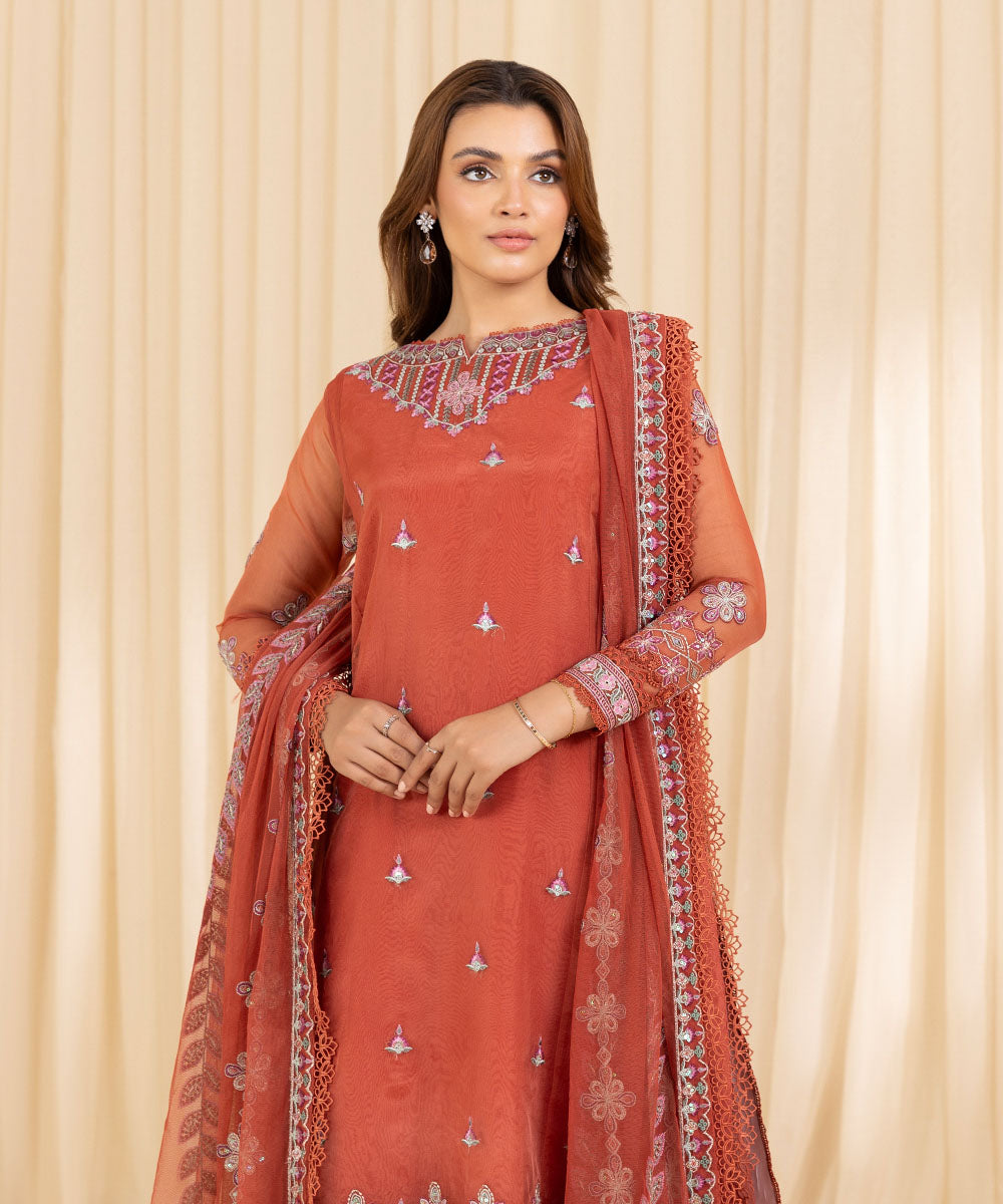 Women's Unstitched Coral Blended Organza Three Piece Suit