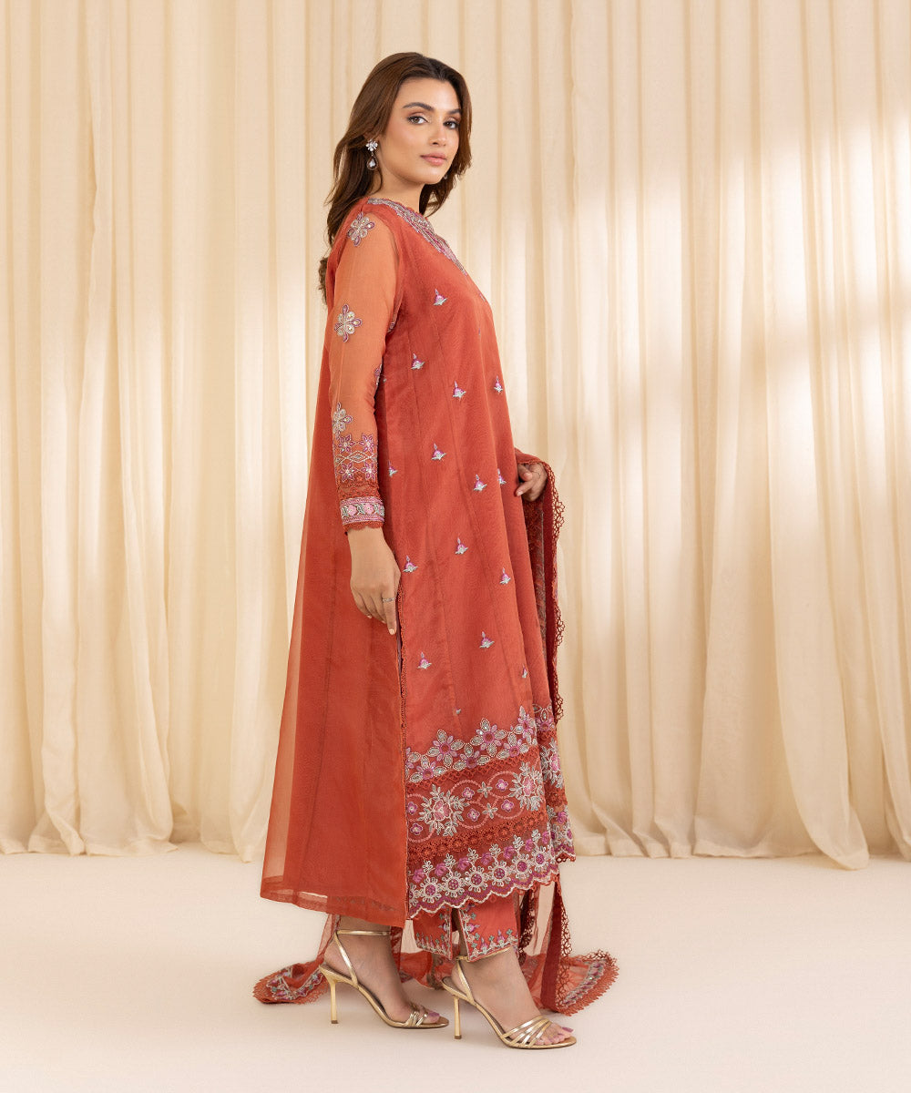 Women's Unstitched Coral Blended Organza Three Piece Suit