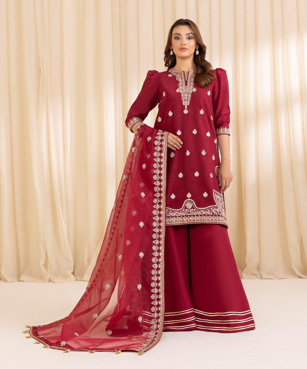 Women's Unstitched Scarlet Red Raw Silk Three Piece Suit