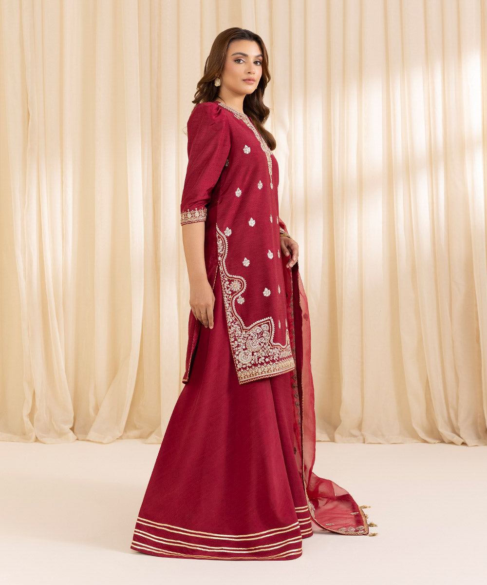 Women's Unstitched Scarlet Red Raw Silk Three Piece Suit