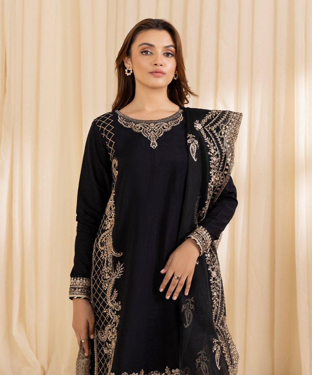 Women's Unstitched Black Raw Silk Three Piece Suit