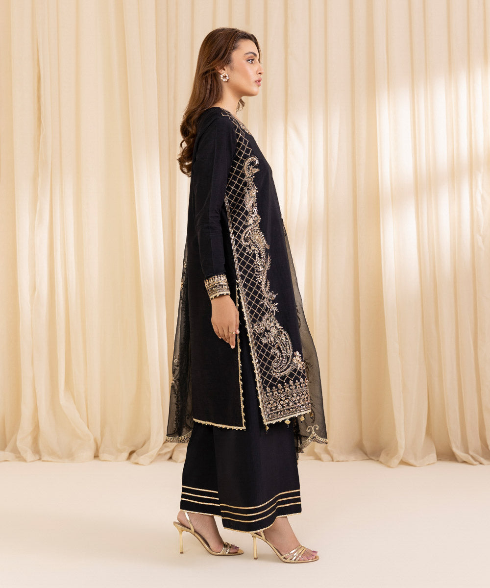 Women's Unstitched Black Raw Silk Three Piece Suit