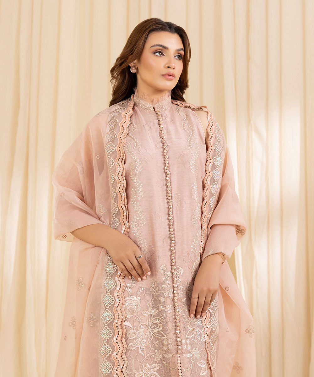 Women's Unstitched Peachy Pink Raw Silk Three Piece Suit