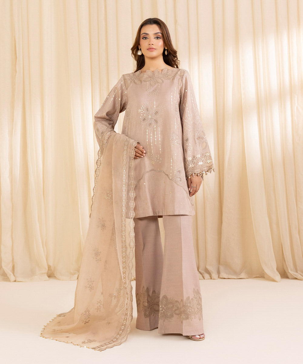 Women's Unstitched Sand Brown Raw Silk Three Piece Suit