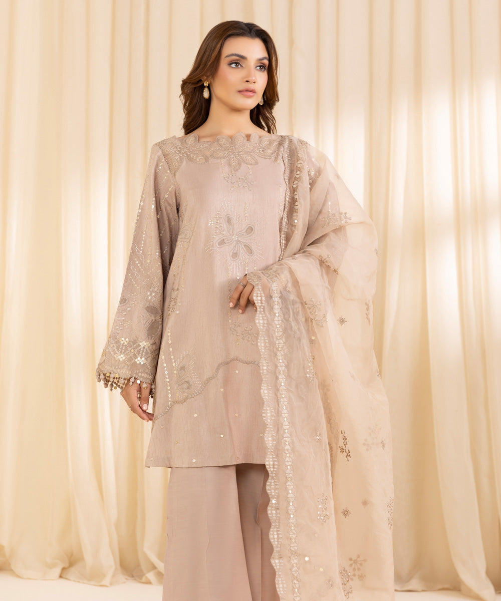 Women's Unstitched Sand Brown Raw Silk Three Piece Suit