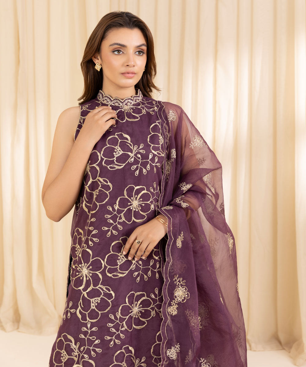 Women's Unstitched Purple Blended Organza Three Piece Suit