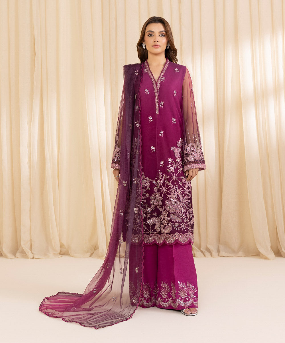 Women's Unstitched Plum Blended Net Three Piece Suit