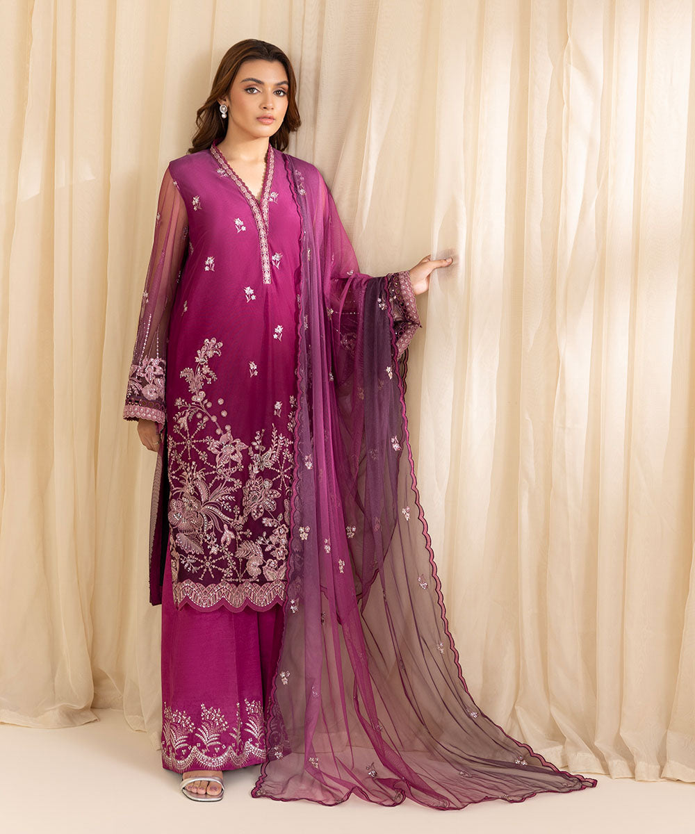 Women's Unstitched Plum Blended Net Three Piece Suit