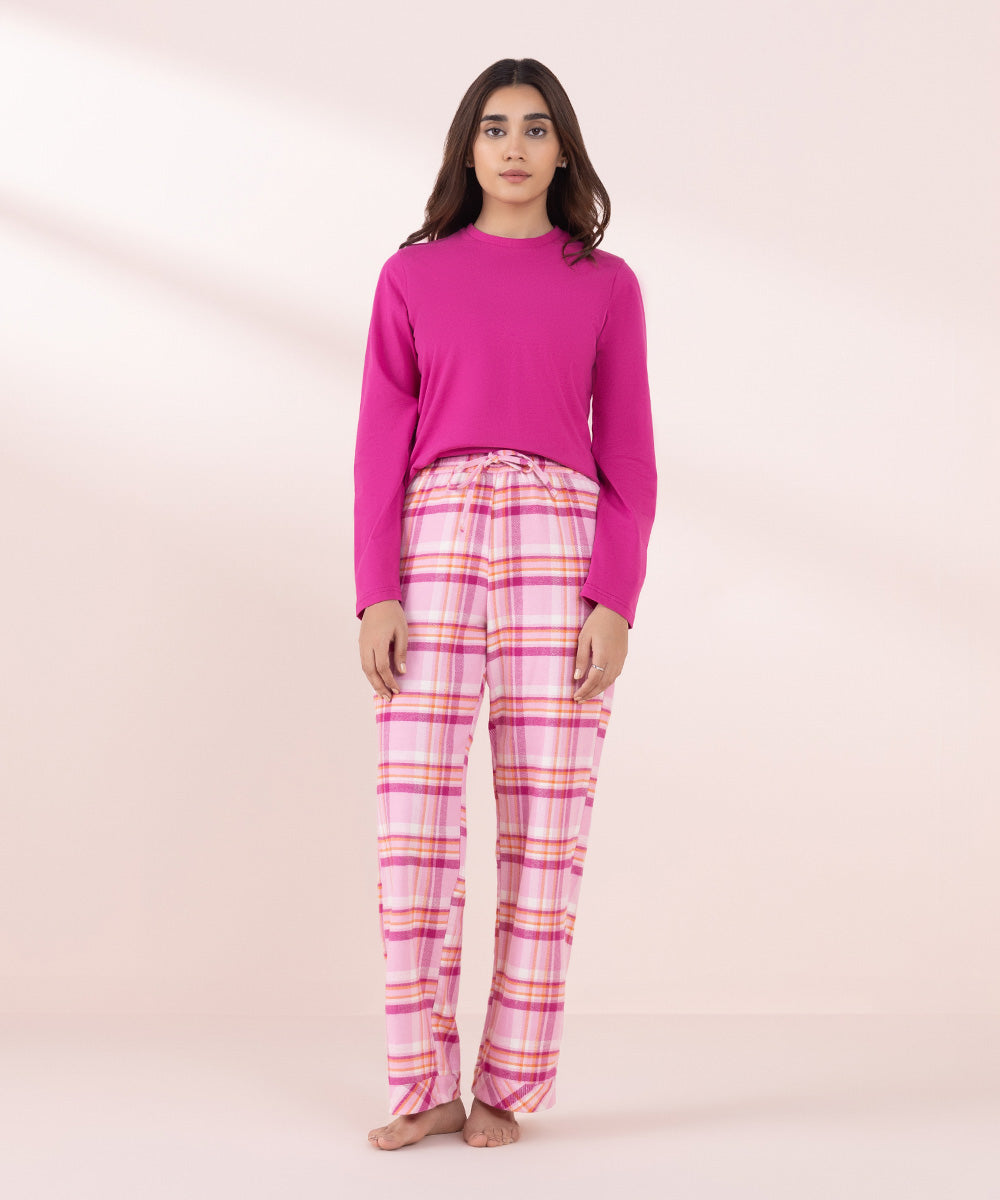 Women's Sleepwear Pink Plaid Flanel Pyjama