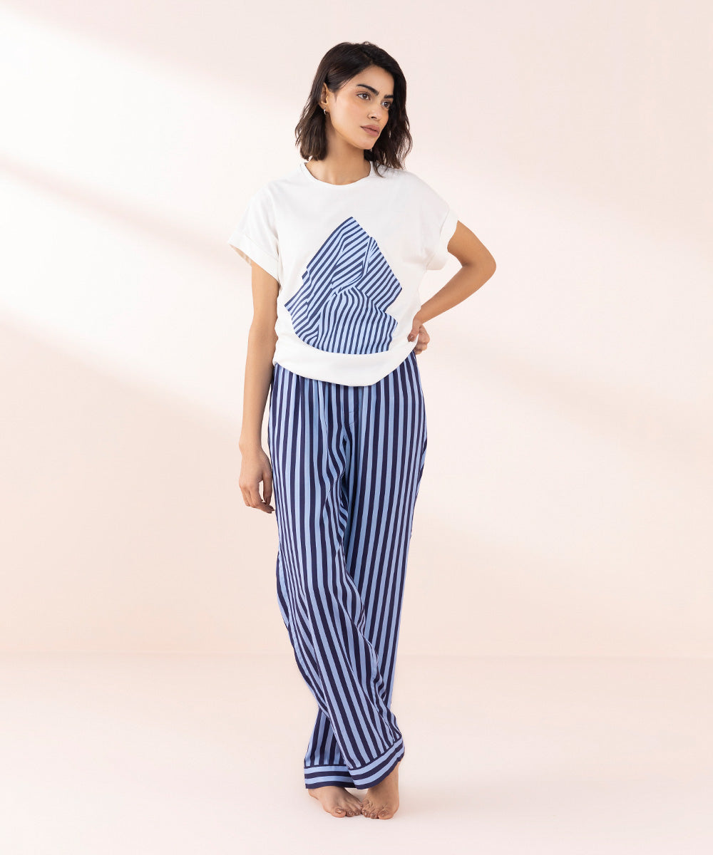 Women's Sleepwear Blue  Striped Viscose Trousers