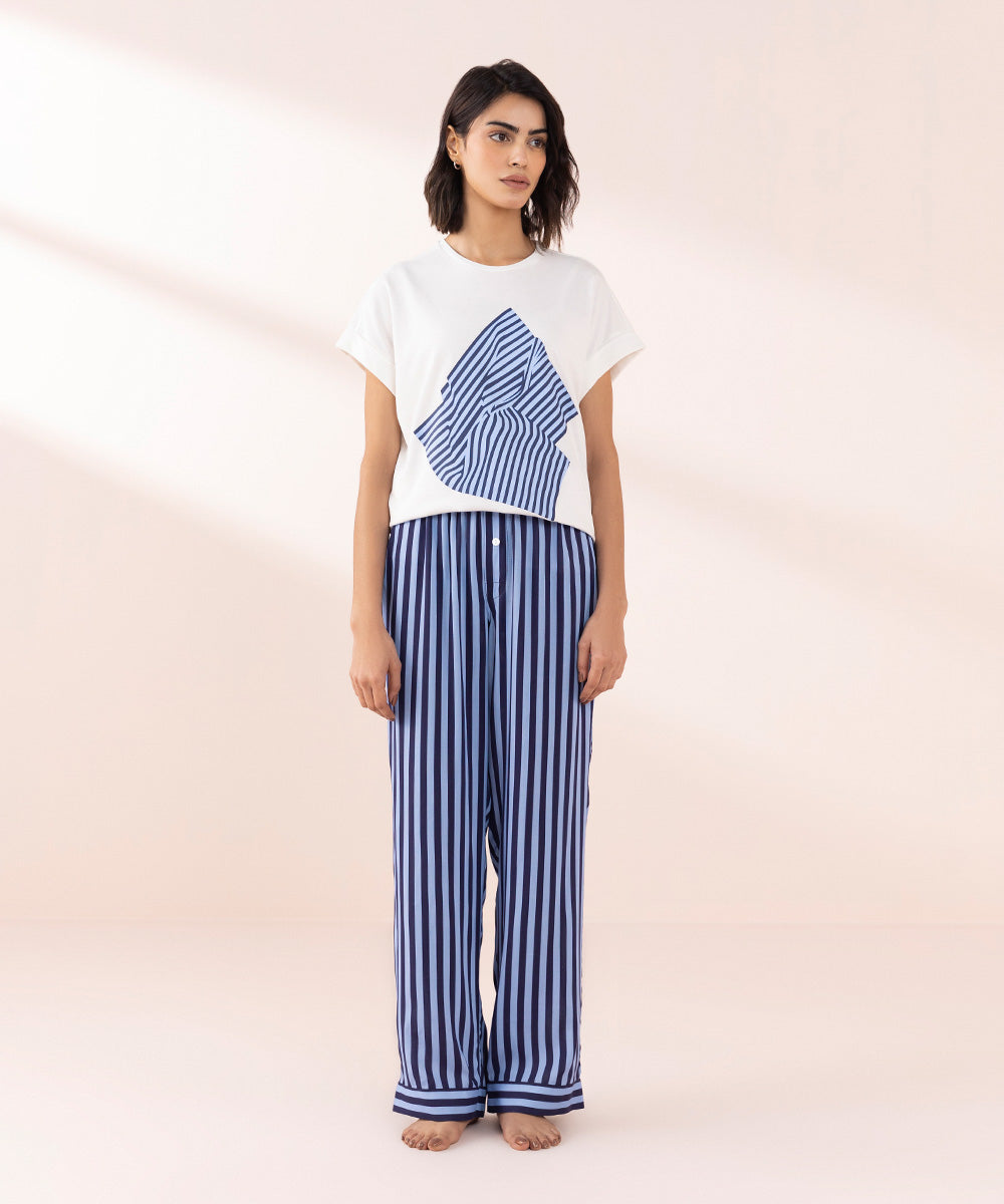 Women's Sleepwear Blue  Striped Viscose Trousers