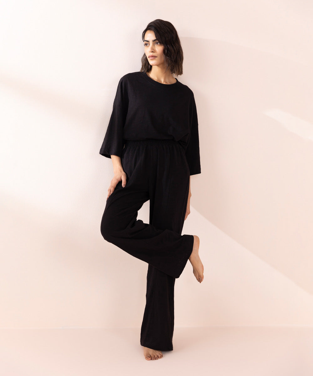 Women's Sleepwear Black  Panelled Pull-On Trousers