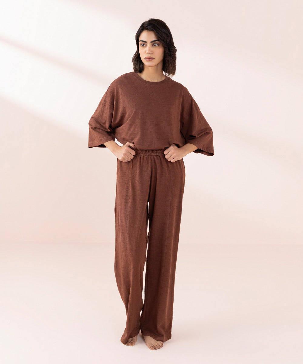 Women's Sleepwear Brown  Panelled Pull-On Trousers