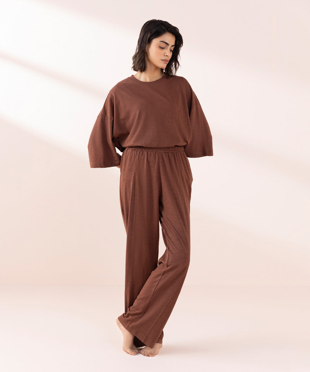 Women's Sleepwear Brown  Panelled Pull-On Trousers