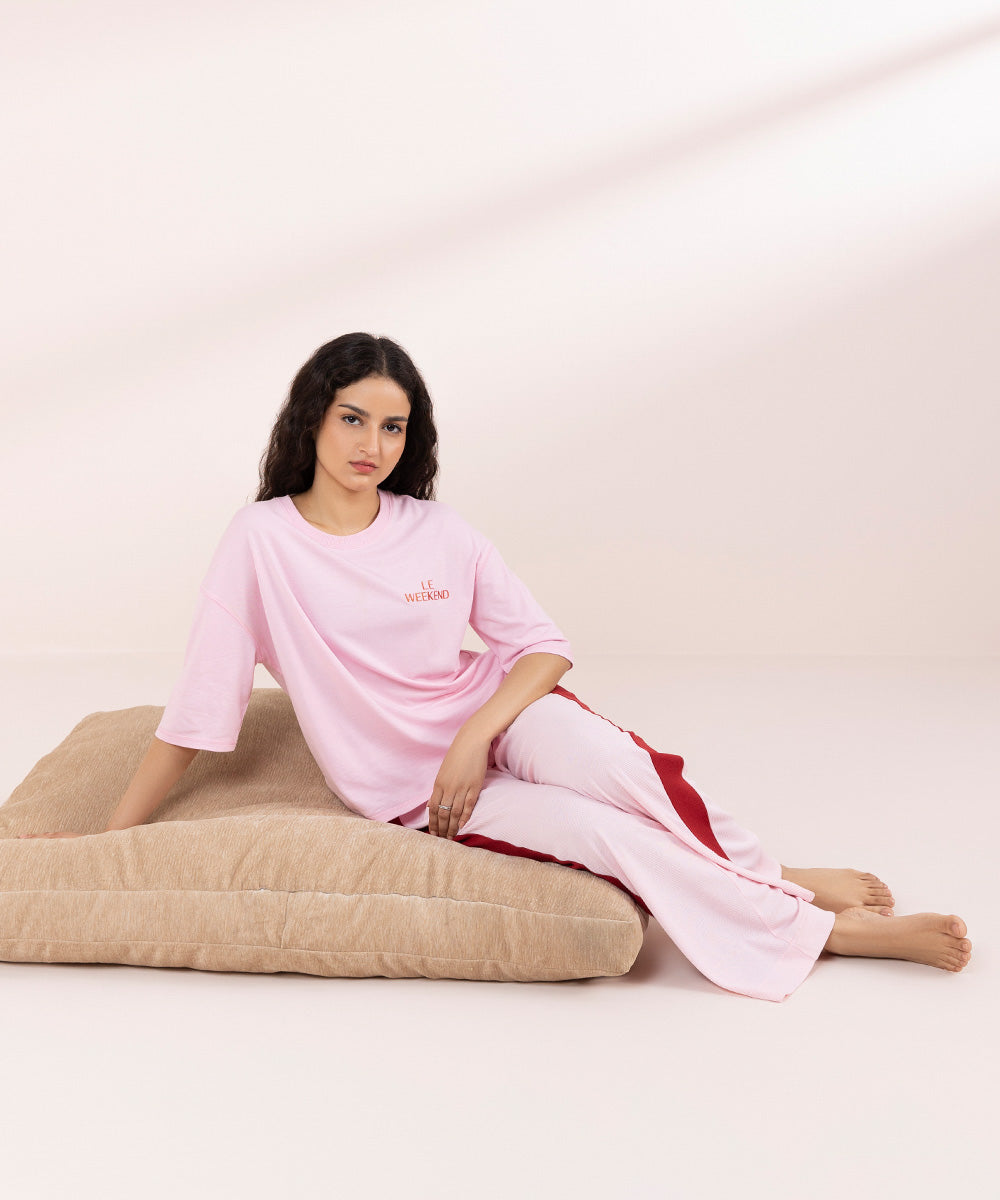 Womens Pink Sleepwear Pull On Soft Rib Trouser With Side Panels