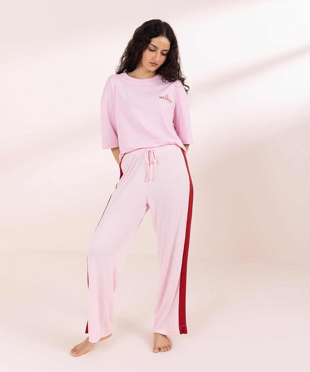 Womens Pink Sleepwear Pull On Soft Rib Trouser With Side Panels