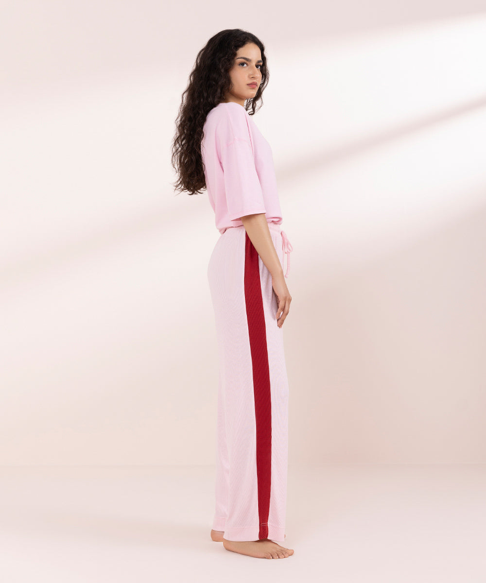 Womens Pink Sleepwear Pull On Soft Rib Trouser With Side Panels