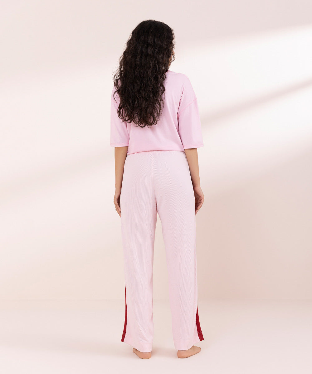 Womens Pink Sleepwear Pull On Soft Rib Trouser With Side Panels