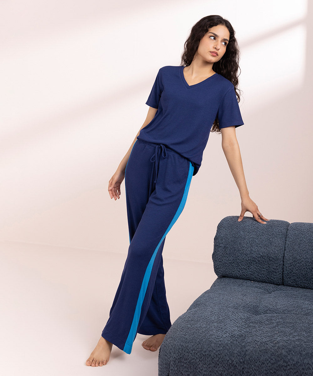 Womens Blue Sleepwear Pull On Soft Rib Trouser With Side Panels