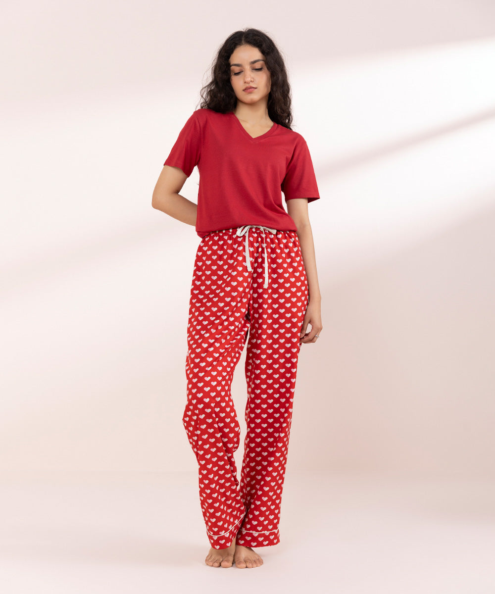 Womens Red Sleepwear Printed Woven Pyjama