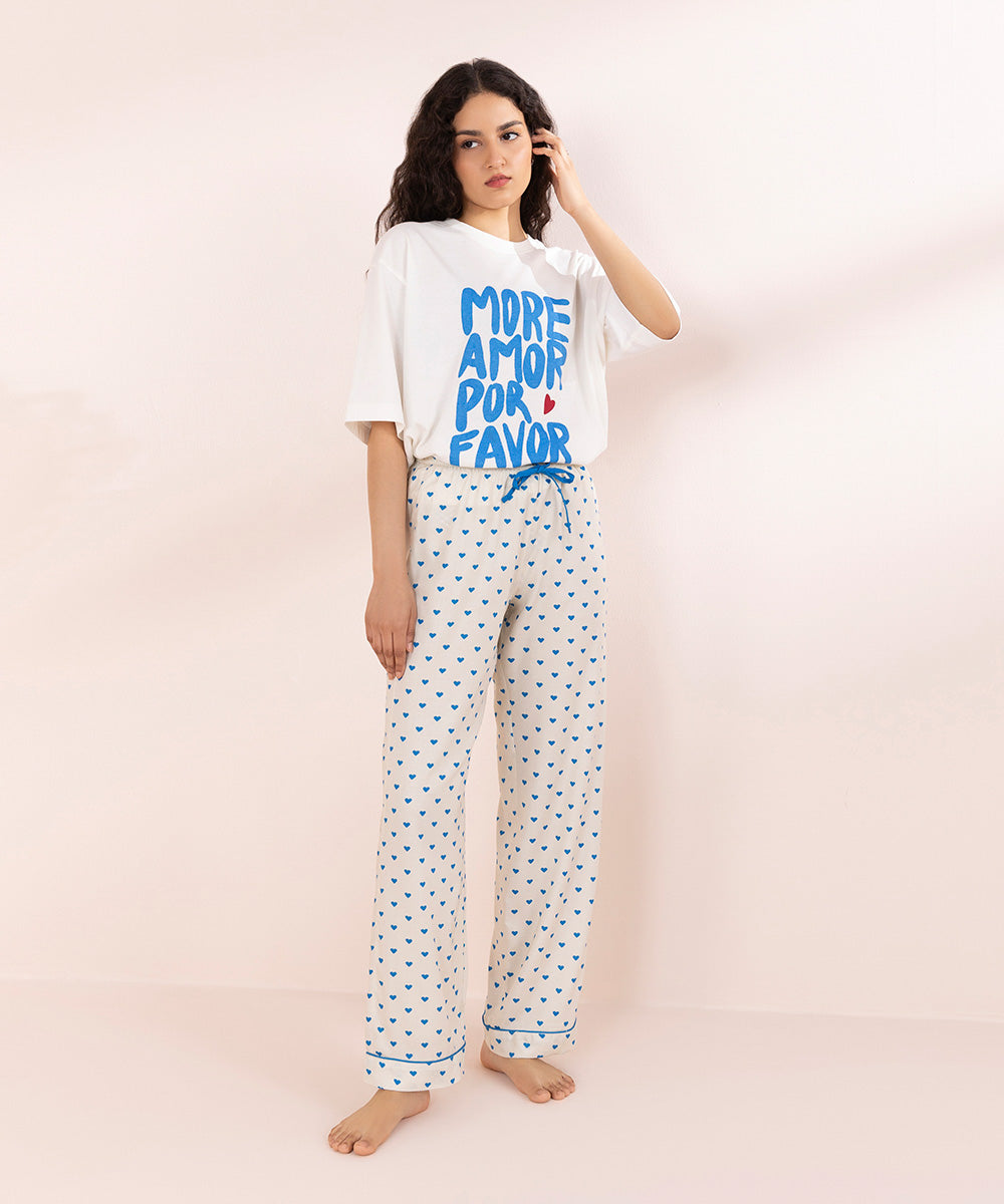 Womens Off White Sleepwear Printed Woven Pyjama