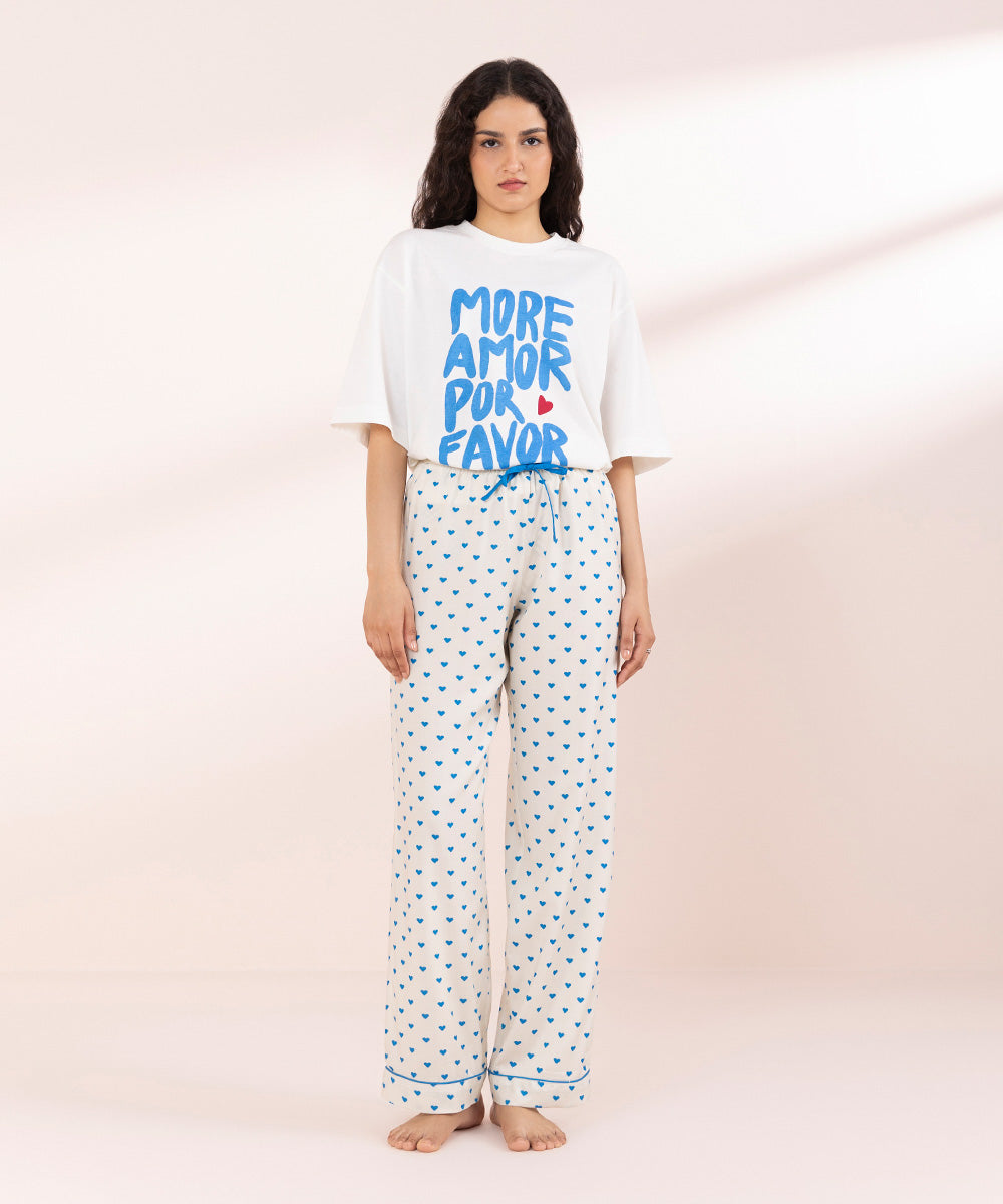 Womens Off White Sleepwear Printed Woven Pyjama