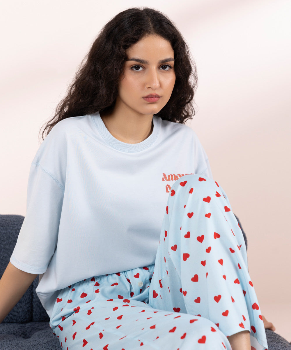 Womens Blue Sleepwear Printed Woven Pyjama