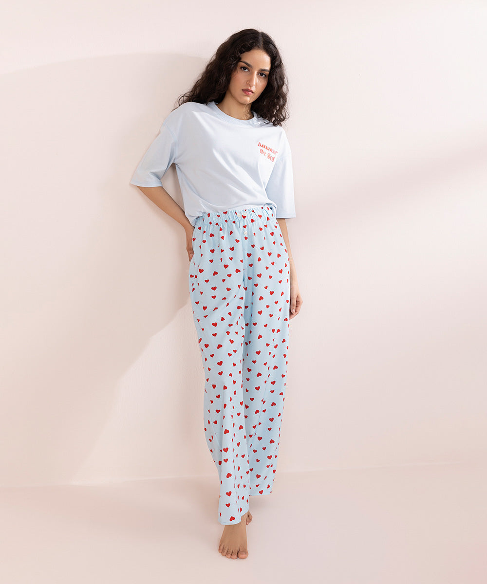 Womens Blue Sleepwear Printed Woven Pyjama